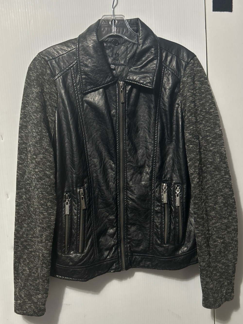 Women’s Black Faux Leather Jacket with Charcoal Knit Sleeves